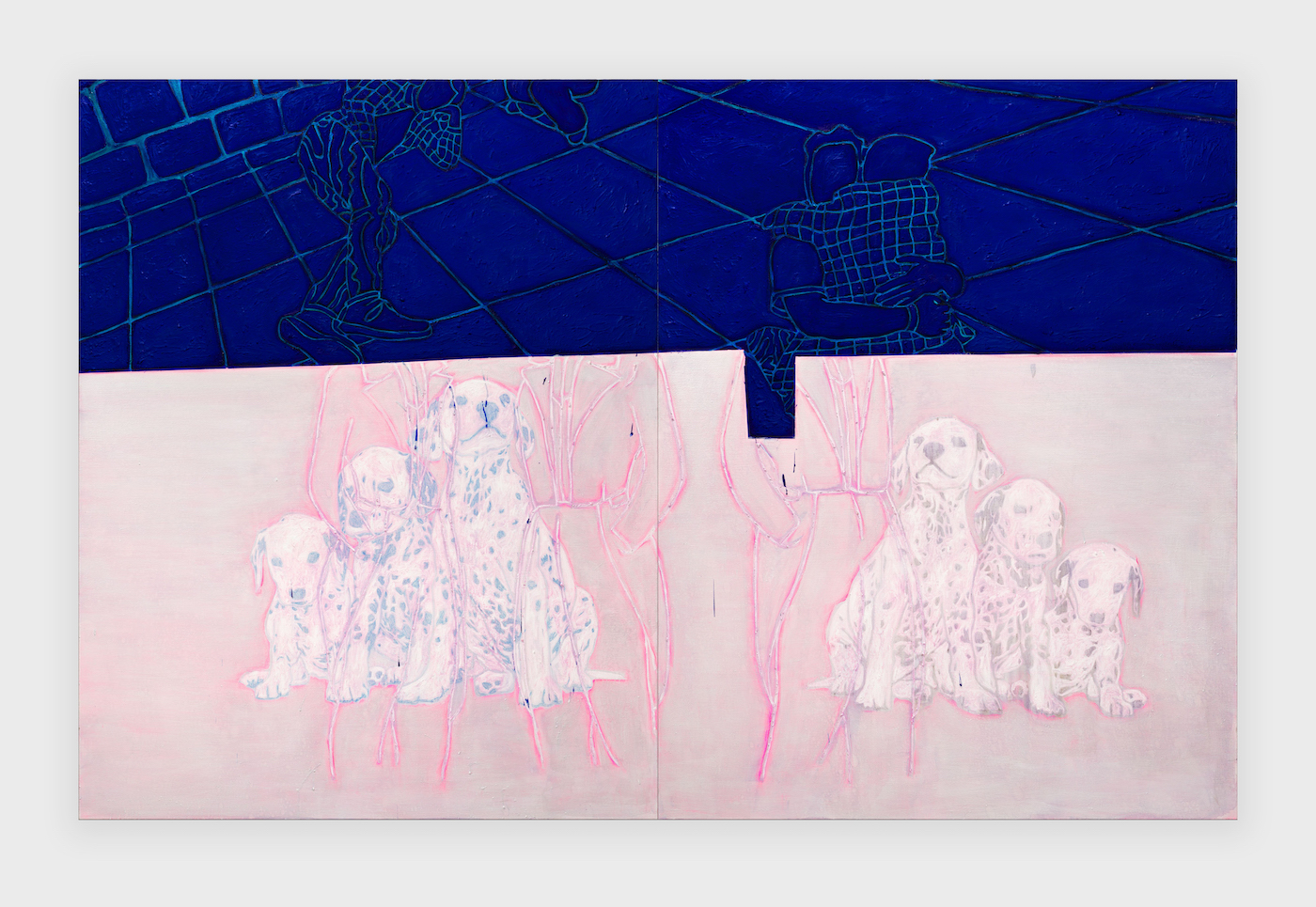 <i>Invigorating Envy (Die Nacht gehört uns bis zum Morgen)</i>, 2024. Ballpen, rabbitskinglue, pigments, shellac and oil on canvas diptych, 90 1/2 x 141 3/4 in (230 x 360 cm)